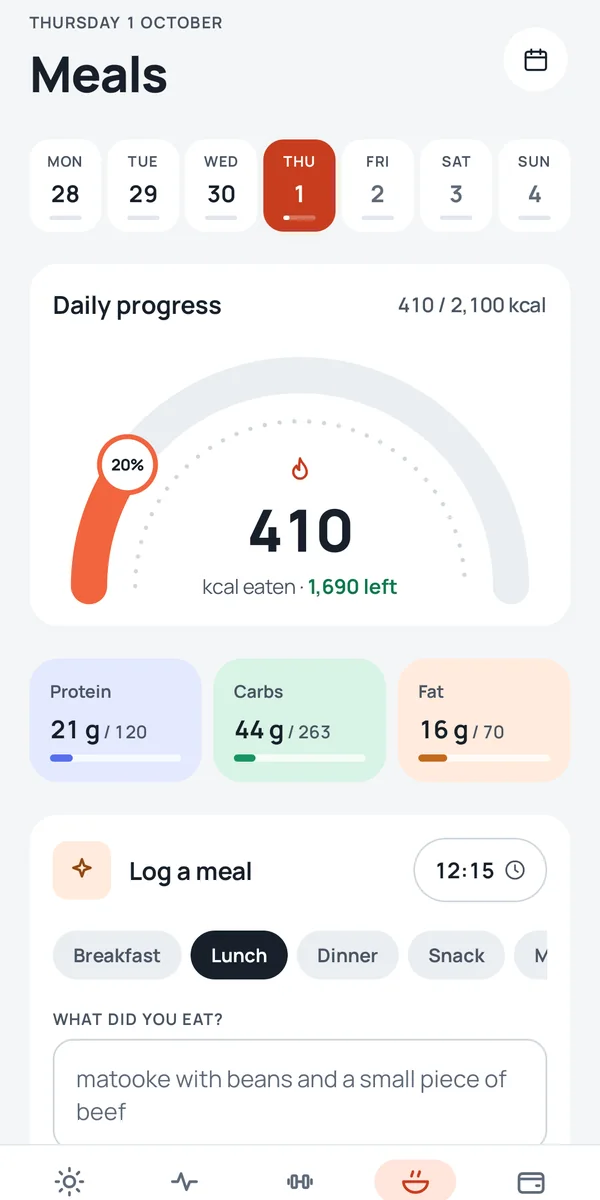 Meals: the calorie gauge and macros against their targets